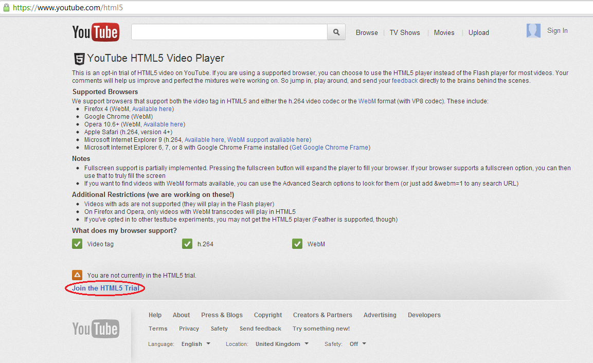 Youtube's HTML5 page