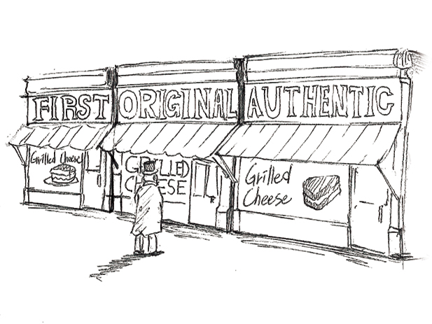 Sketch of a man looking at multiple grilled cheese stores, each claiming to be unique