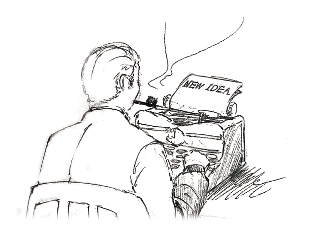 Sketch of man with a pipe at a typewriter
