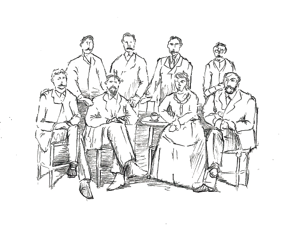Sketch of a group of old-timey people